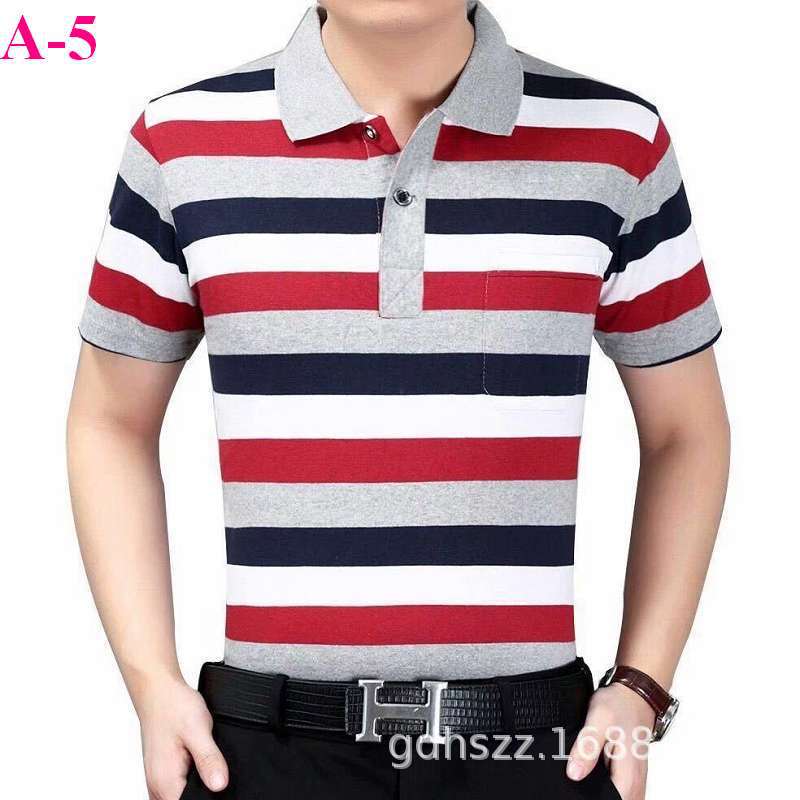 A Large Number of Spot T-Shirt Wholesale Short-Sleeved Men's Lapel Loose Striped Cotton Medium Youth Old Dad Wear Factory Direct Sales