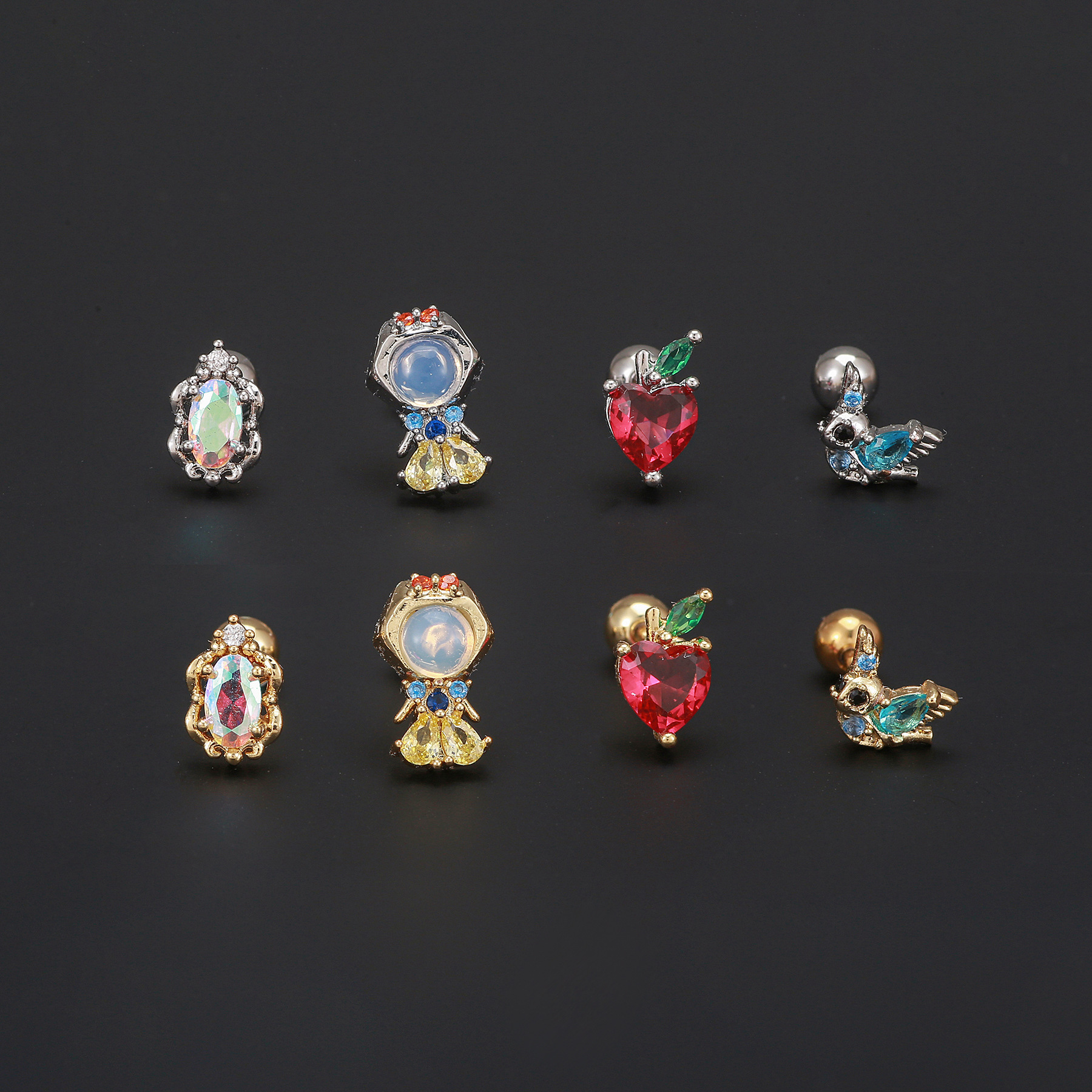 European and American Fashion Color Zircon Ear Bone Stud Light Luxury Cartoon Princess Series Ear Ear Bone Pin Stainless Steel Rod Piercing Ear Stud