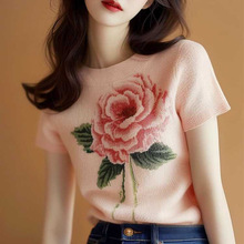 粉色玫瑰花朵印花针织短袖t恤女2024新款设计感夏季修身显瘦上衣