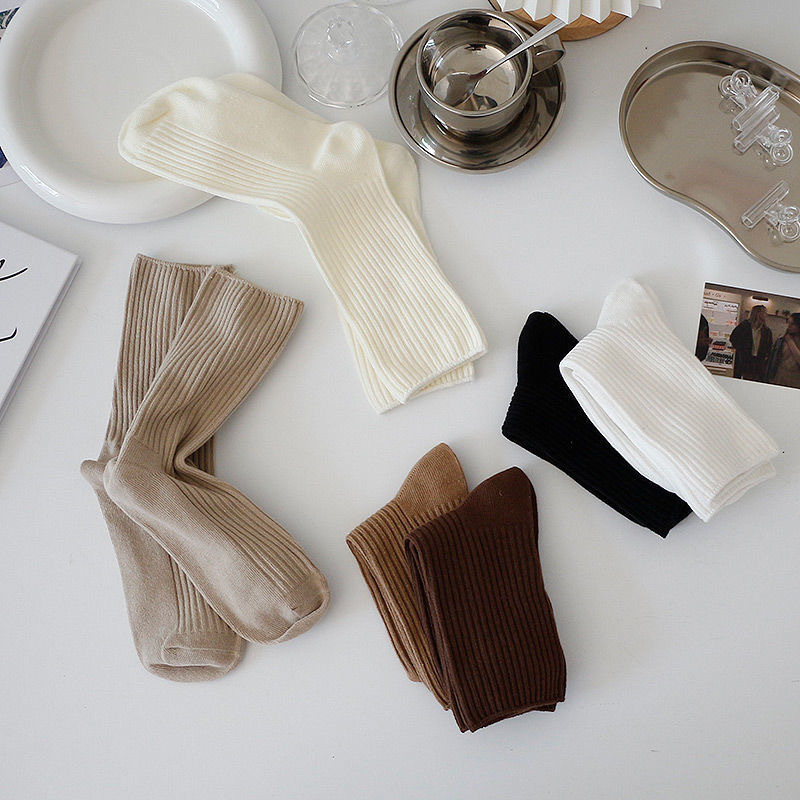 Four Seasons Soft Girl Essential Girl Socks Mid-Calf Sunken Stripe Bunching Socks Ins Trendy Simple Mori College Style Solid Color Socks