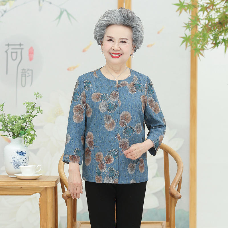 中老年女装妈妈夏装七分袖衬衫圆领奶奶装夏季装老人衣服上衣薄款