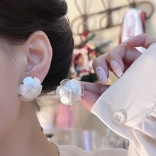 董洁同款索玛珍珠拉丝花瓣耳环女独特立体白色花朵夸张轻奢耳饰