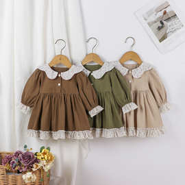 童装女童连衣裙春秋装长袖翻领简约公主裙儿童春季娃娃领百搭裙子
