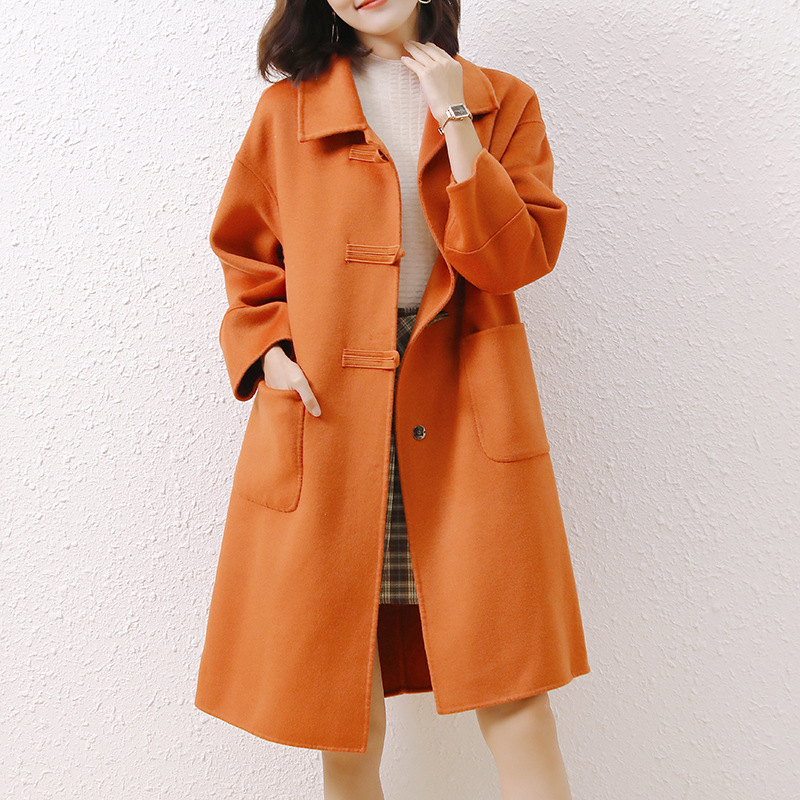 牛角扣双面呢羊绒橘色外套中长款2021秋冬新款韩版高端羊毛外套女