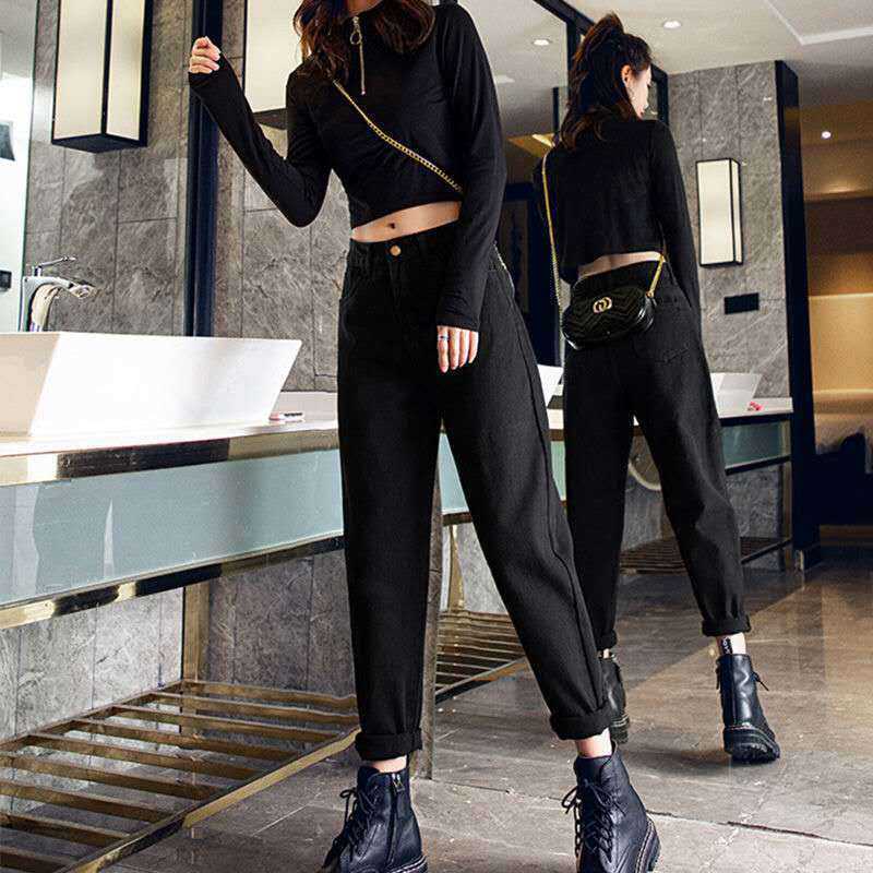 加绒/单裤秋冬新款黑色牛仔裤女韩版宽松高腰显瘦哈伦萝卜老爹裤