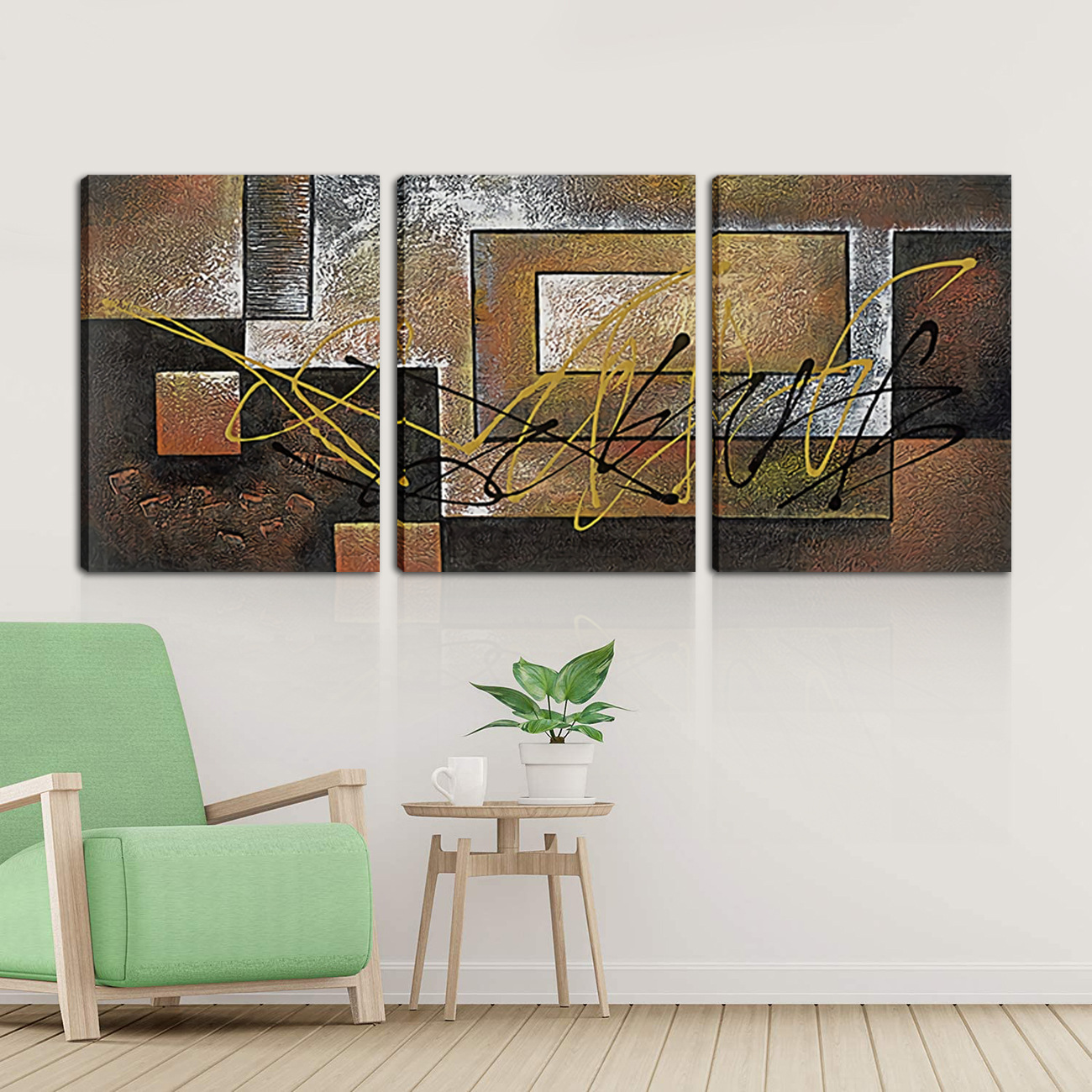 亚马逊几何线条客厅油画布三联挂画 抽象棕色风景餐厅装饰无框画