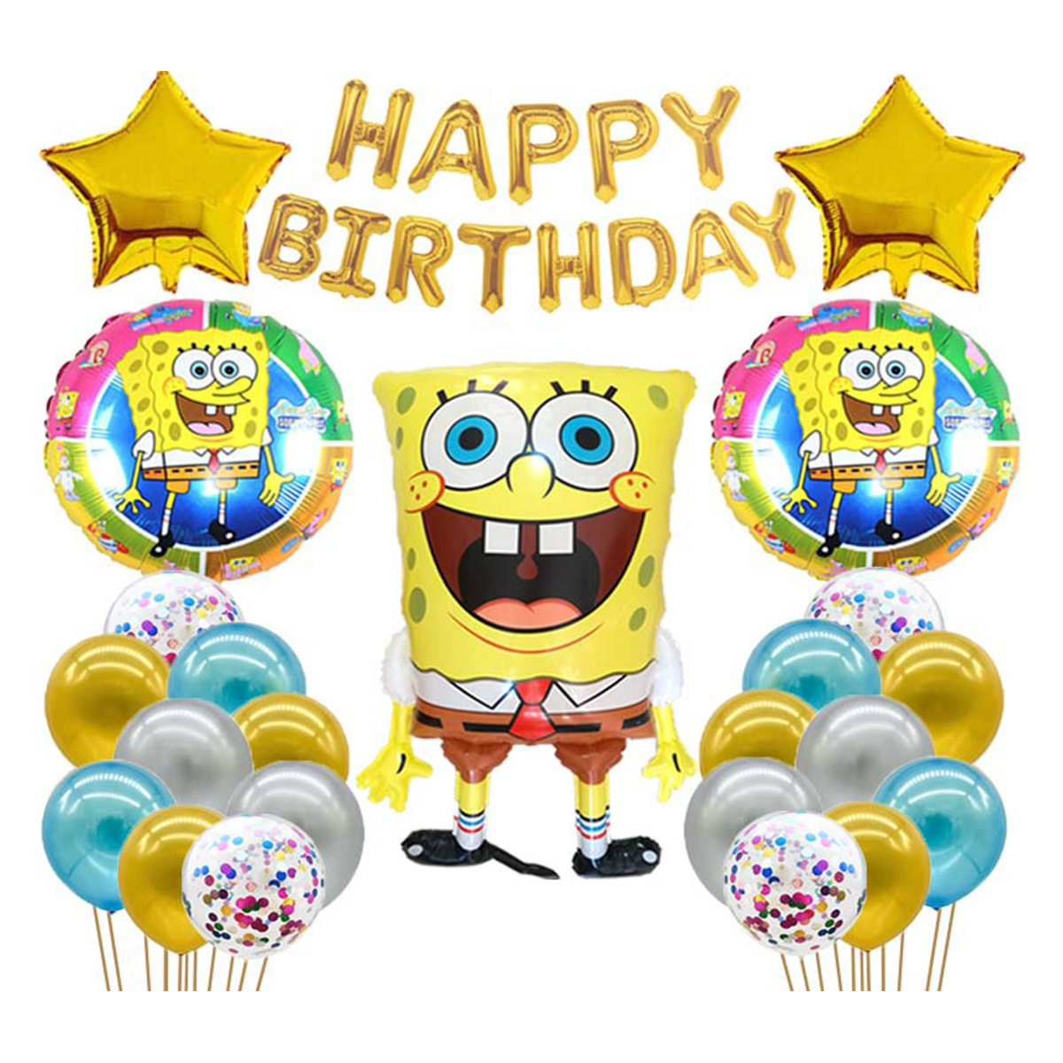 儿童卡通光膜海绵宝宝生日快乐铝膜气球套装 派对装饰 场景布置