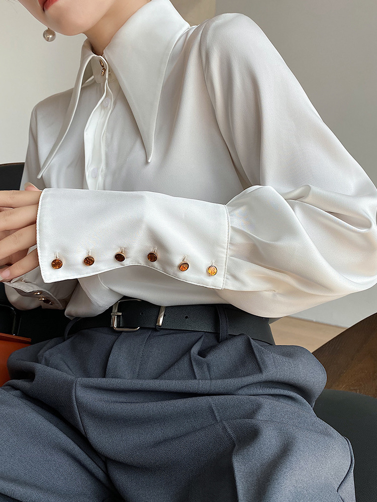 醋酸缎面大领子衬衫女春秋新款垂感上衣设计感小众法式衬衣mp-873