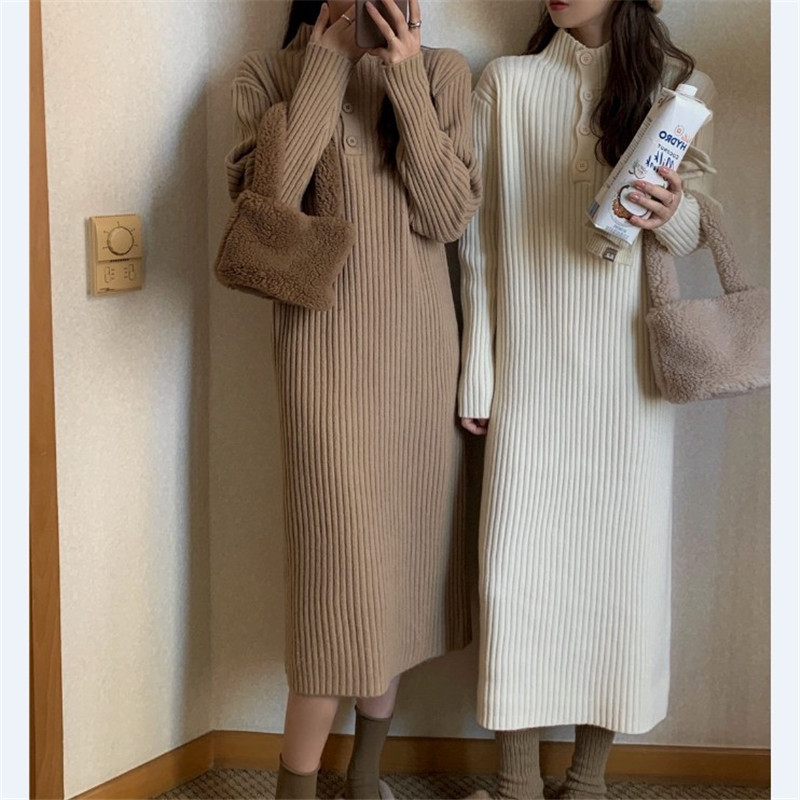 Korean Style Stand-up Collar Thick Sunken Stripe Inner Knitted Dress for Women 2023 Autumn and Winter Warm Mid-Length Pullover Woolen Skirt