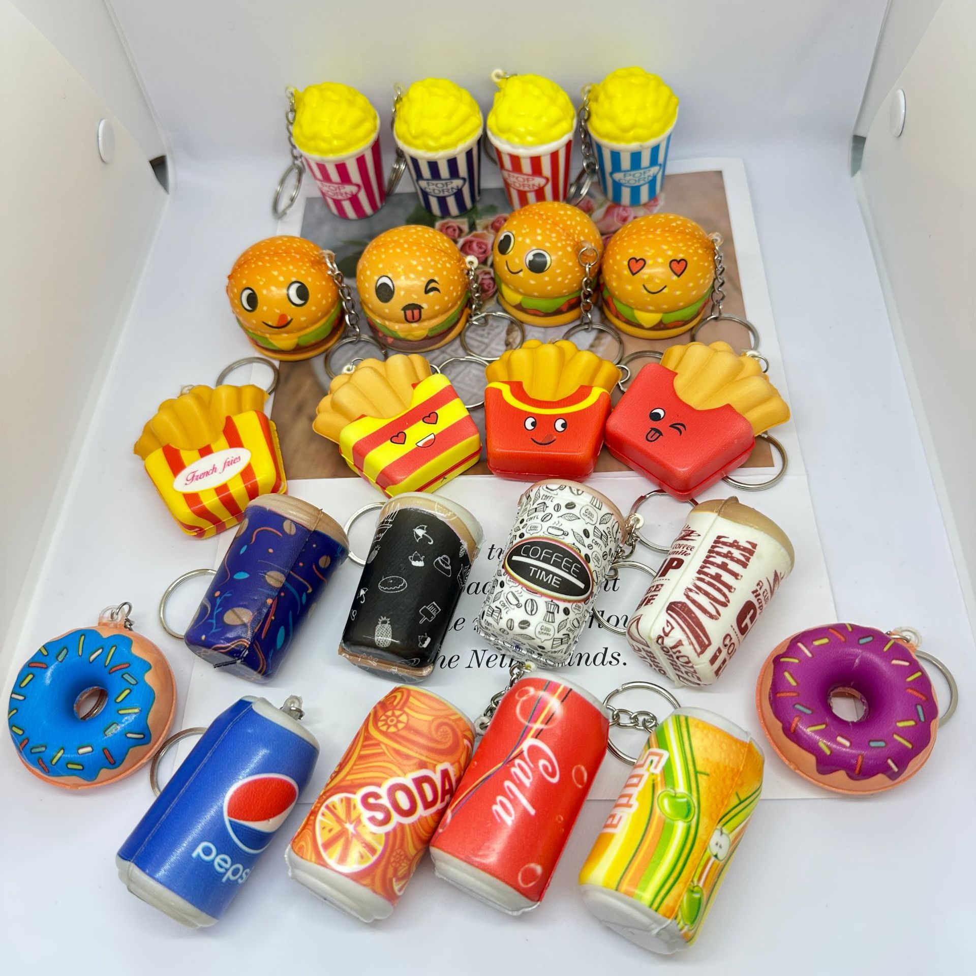 Step into the New Squishy Squishy Toys Simulation Donut Cola Drink Hamburger Fries Keychain Pendant