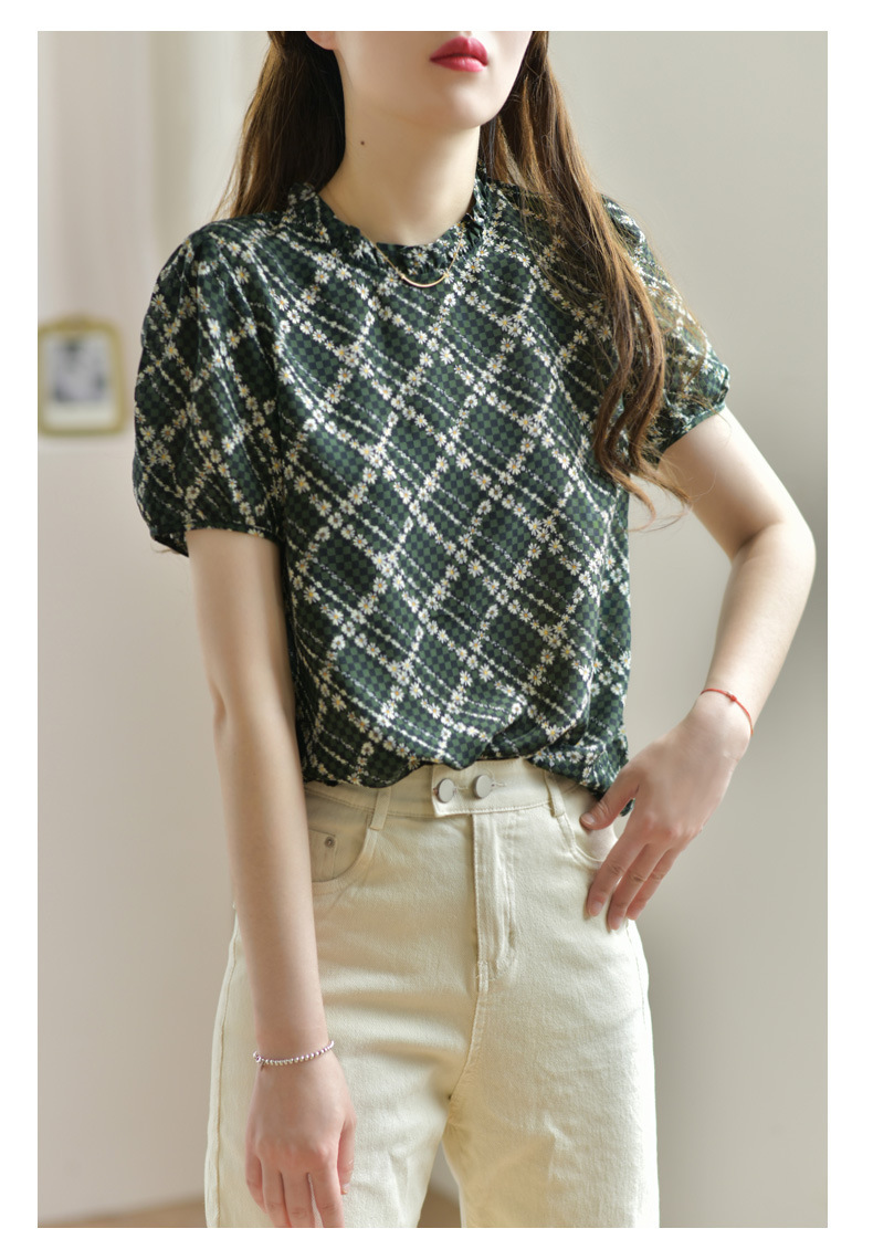 精致时髦小立领桑蚕丝上衣高级感雏菊小碎花格纹衬衫夏季短袖衬衣