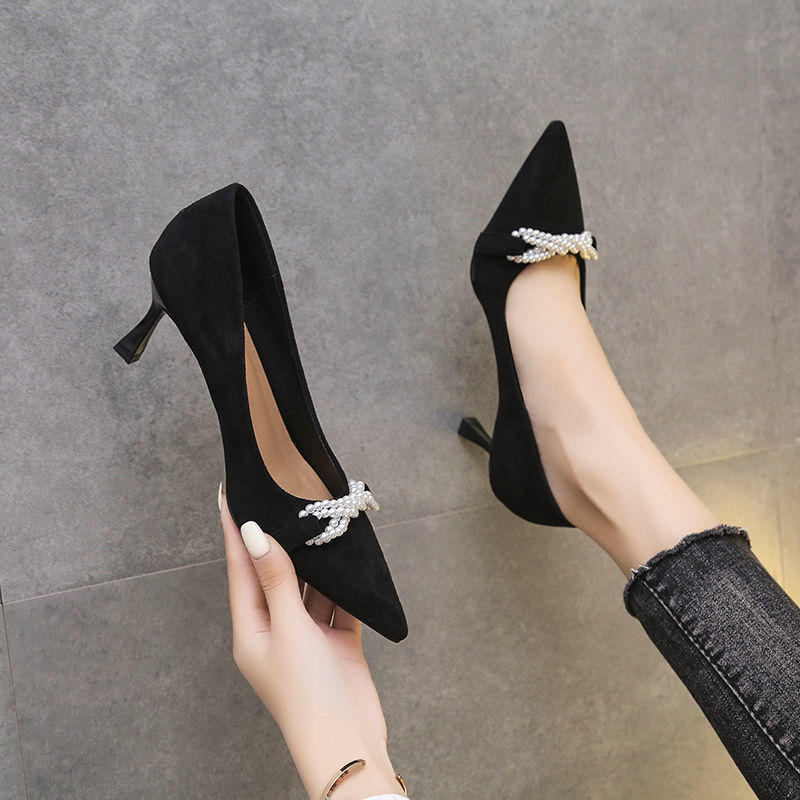 凉鞋女五公分黑色高跟鞋2022年秋季新款韩版细跟绒面尖头名媛范