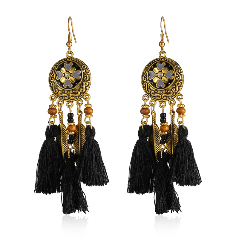 Retro Style Palace Long Tassel Bead Earrings round Carved Painting Oil New European and American Earrings Ethnic Style Jewelry