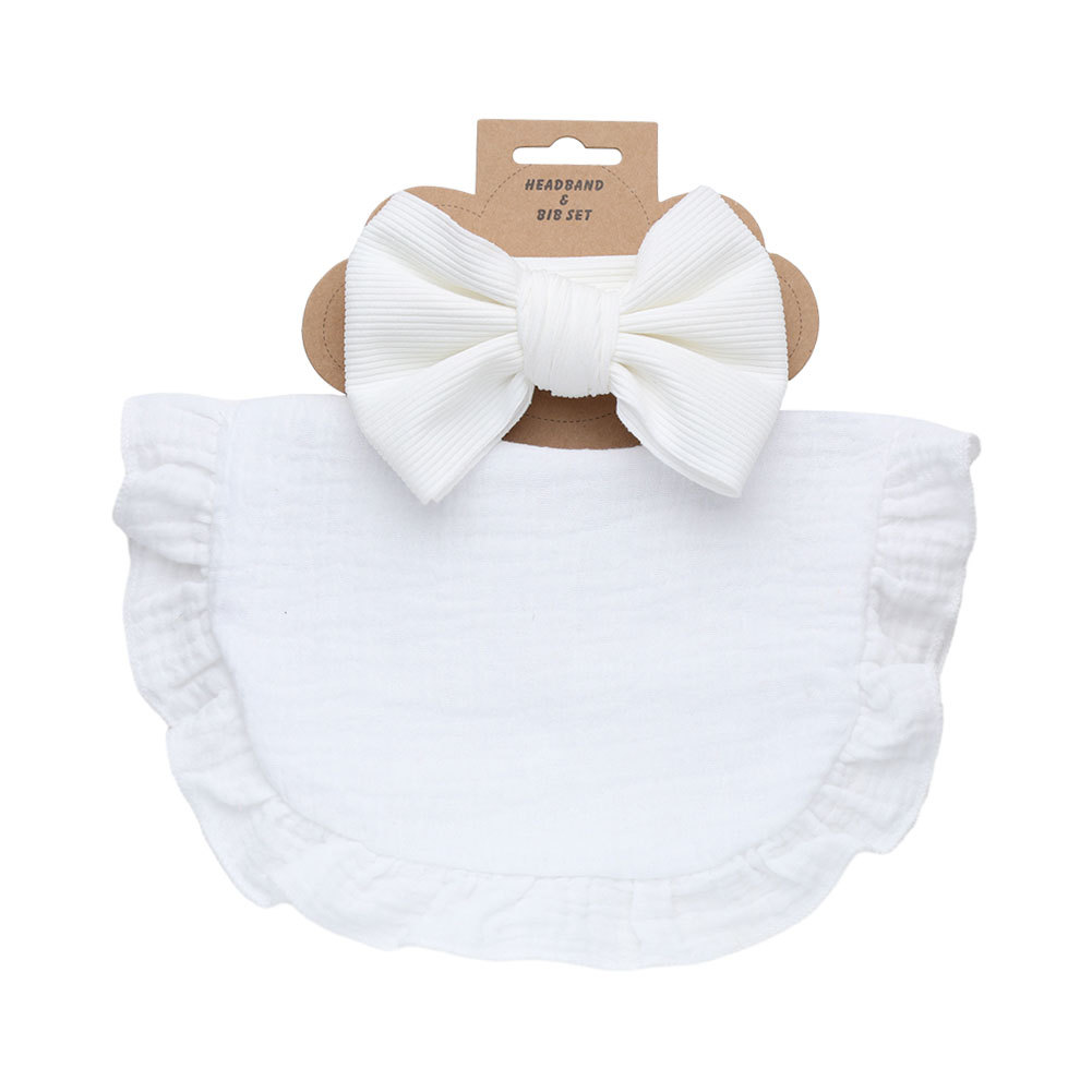 Best Seller in Europe and America Baby Saliva Towel Headband Suit Newborn Cotton Bow Wide Hair Band Ruffled Bib