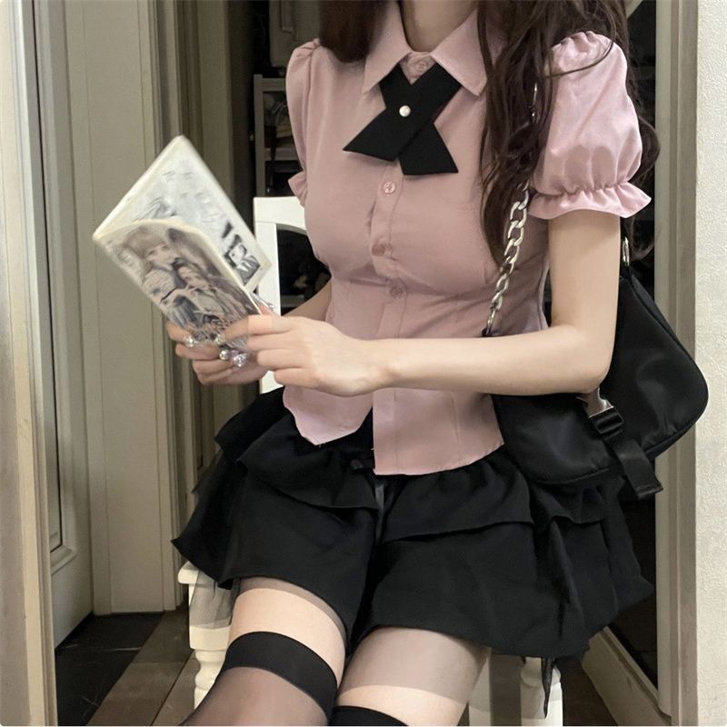 甜辣妹polo领衬衫女夏季甜美粉色短袖衬衣修身显瘦设计感小众上衣