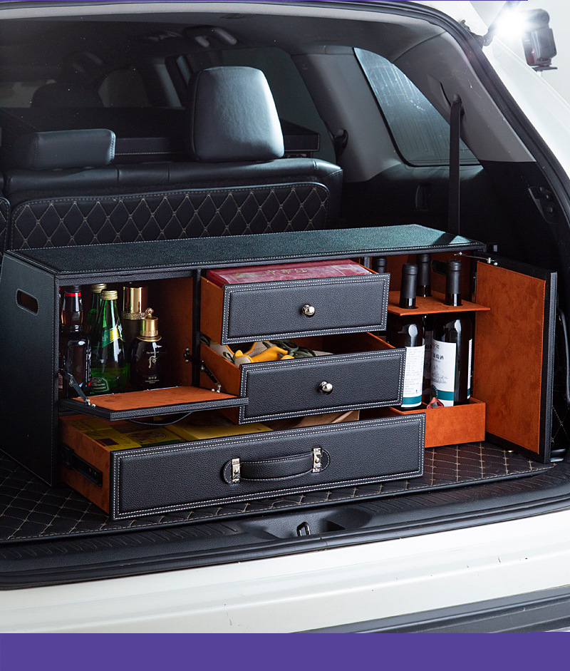 特大真皮后备箱储物箱子多功能轿车suv车用收纳箱抽屉后背整理