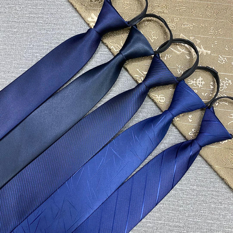 领带纯蓝色免打领带男款一拉得商务拉链式职业易拉得免打结藏蓝色