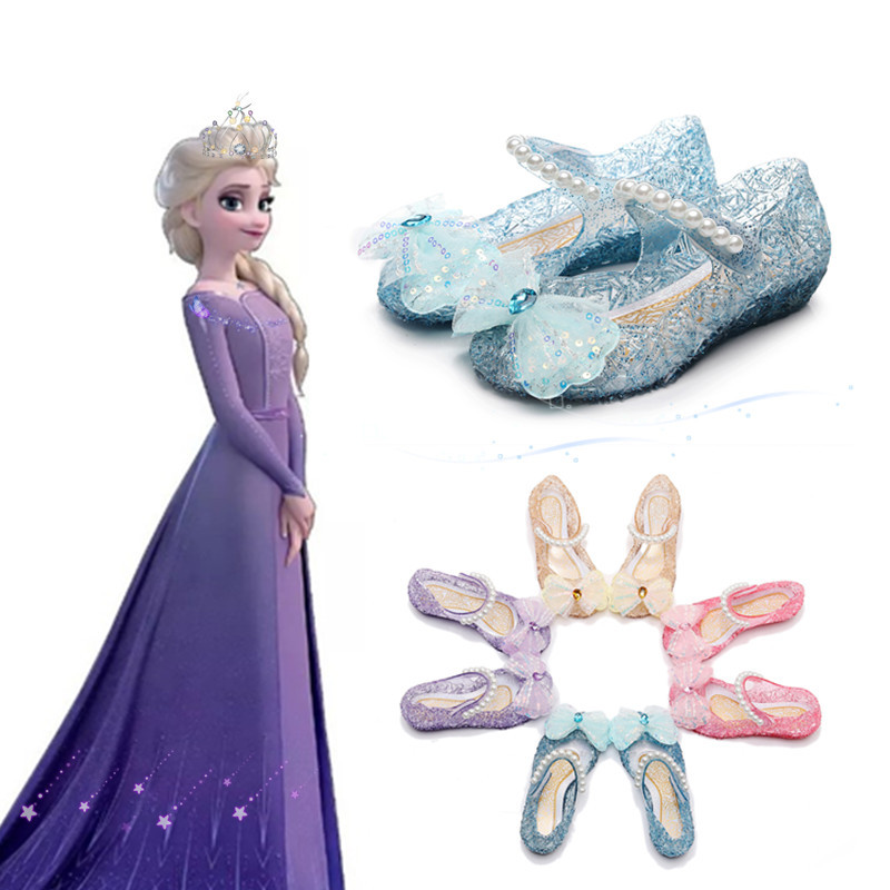 Girls' Bow Princess Shoes New Cross-Border in Stock Children's Soft-Soled High Heels Elsa Princess Shoes PVC Sandals