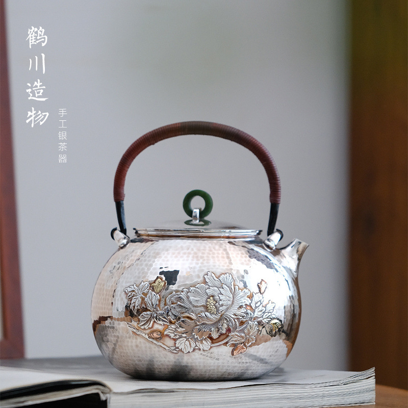 纯银999烧水壶纯手工雪花银家用功夫茶具日式一张打牡丹刻绘银壶