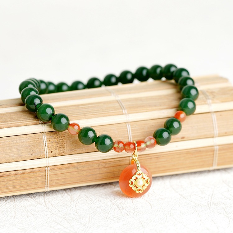 天然真和田玉碧玉手链菠菜绿玉石手串女款平安扣特价时尚饰品-阿里巴
