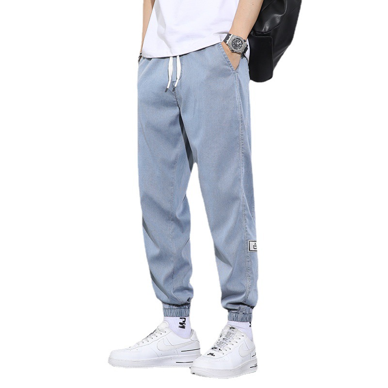 Lyocell Jeans Men's Summer Thin Loose Ankle-Tied Harem Cropped Pants Men's Ice Silk Stretch Casual Long Pants