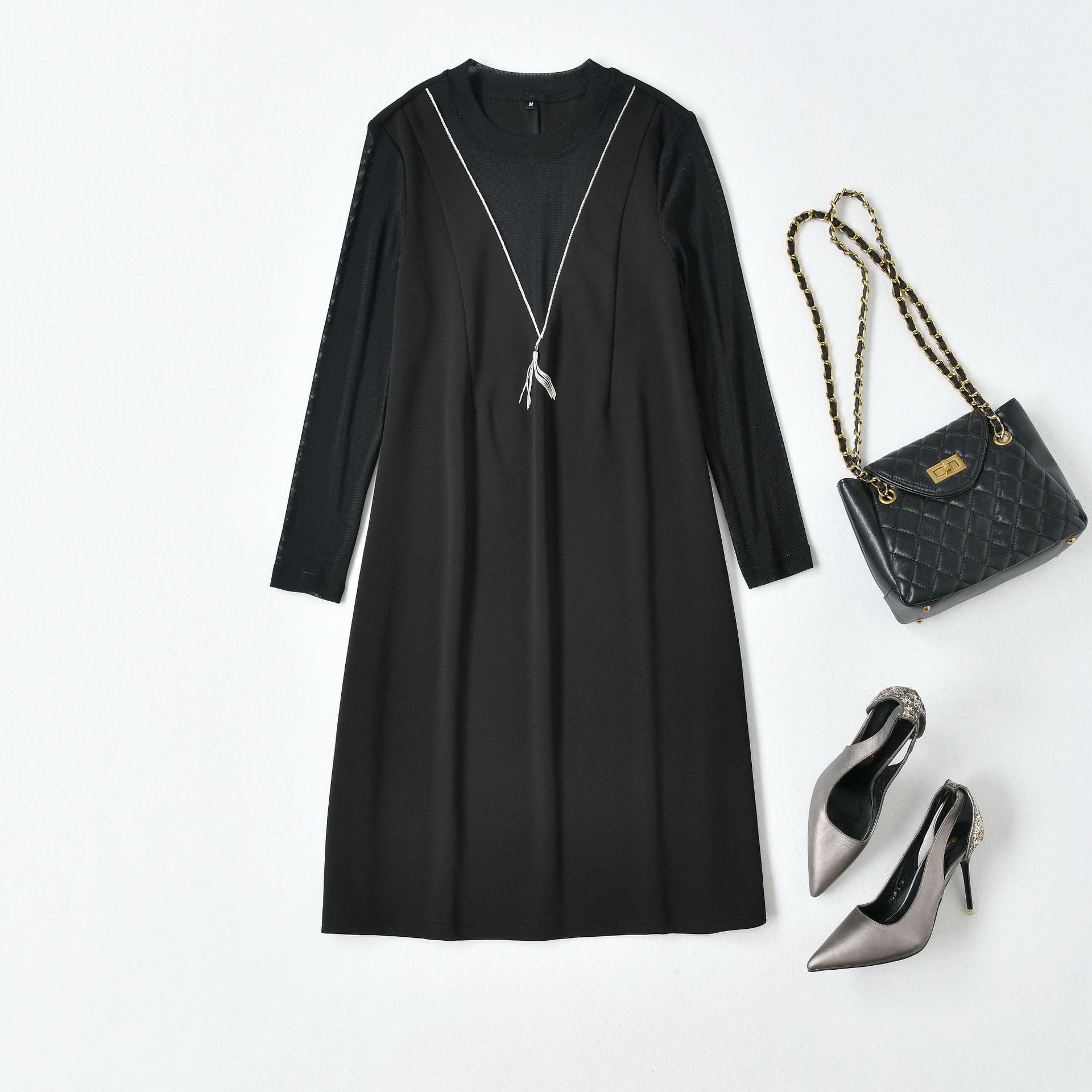 连衣裙2022秋款女装商城同款高端圆领拼接显瘦弹力时尚法式连衣裙