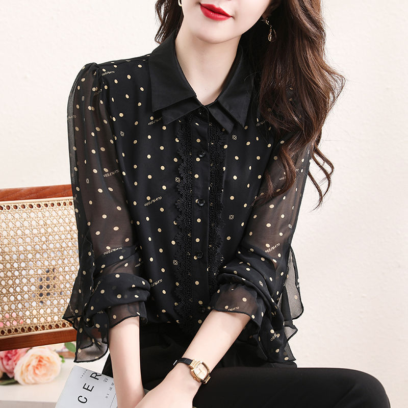 黑色波点衬衫减龄漂亮小衫长袖女士春秋装新款时尚洋气娃娃领上衣