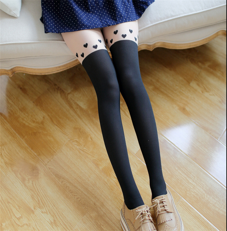 heart-shaped multi-part cored silk fake thigh high black cute love cored silk pantyhose stockings