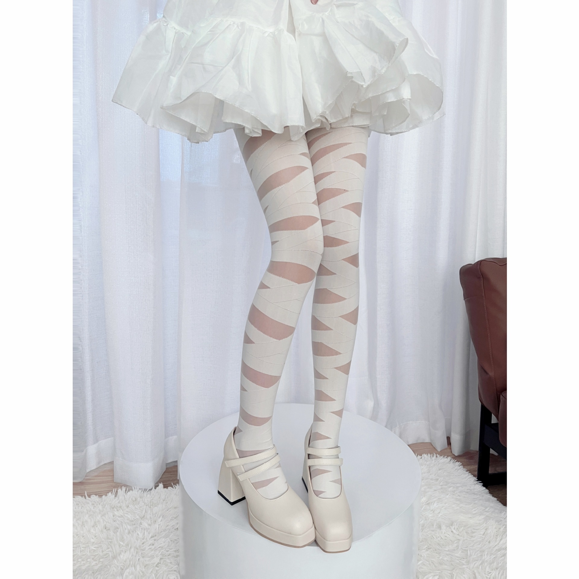 lolita交叉绑带连裤袜天鹅绒黑绷带镂空半透少女袜辣妹甜酷jk丝袜