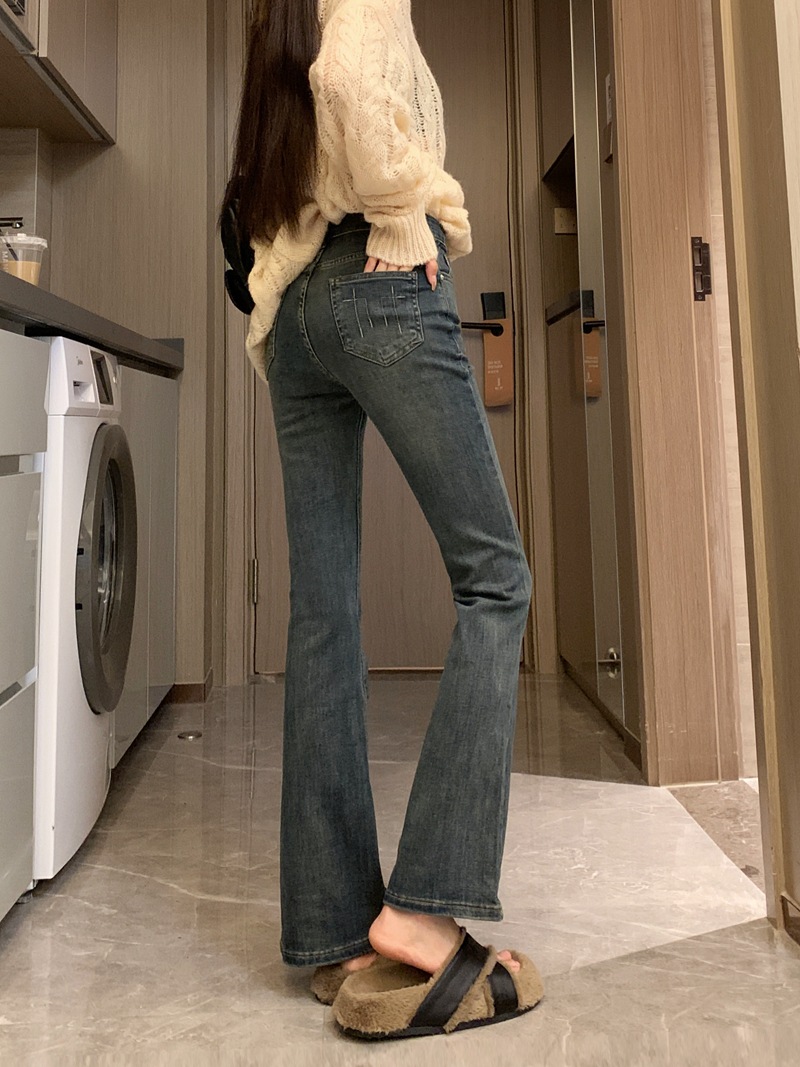 Retro Stretch Denim Trousers Women's Autumn 2023 New Design Sense Slim Fit Slimming Slightly Flared Wide-Leg Pants