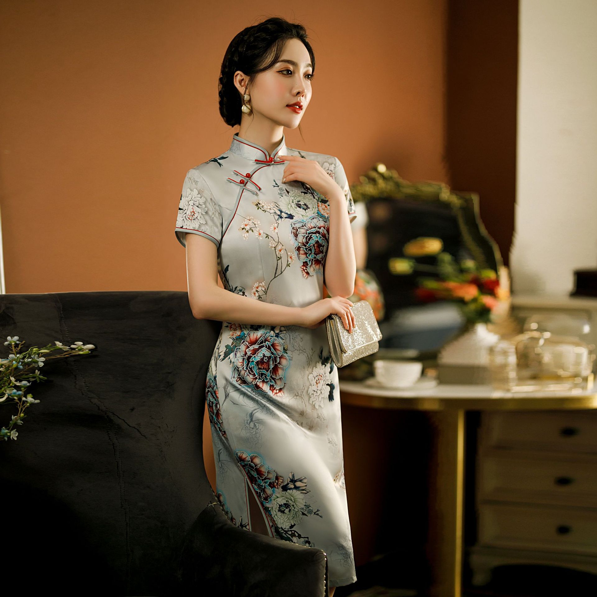 春夏网红旗袍妈妈装旗袍连衣裙纺丝香云纱花罗香云纱复古宴会旗袍