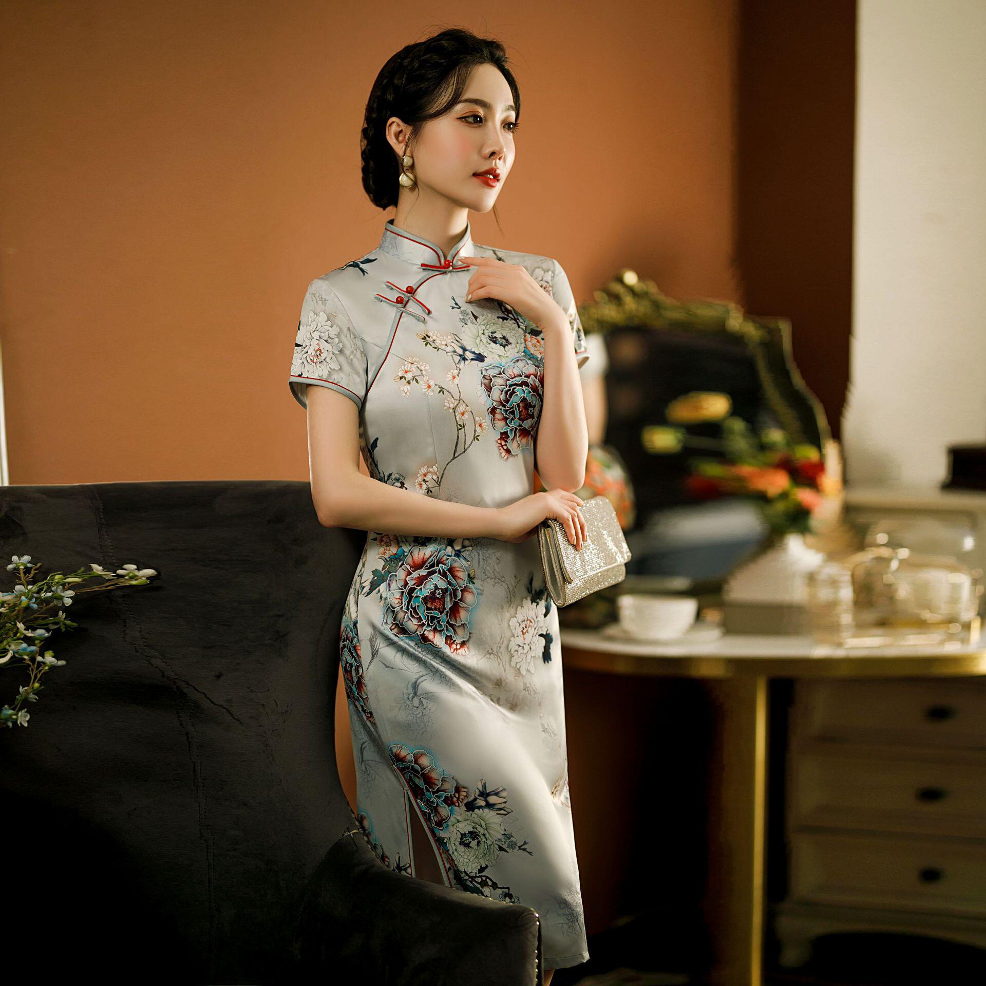 春夏网红旗袍妈妈装旗袍连衣裙纺丝香云纱花罗香云纱复古宴会旗袍