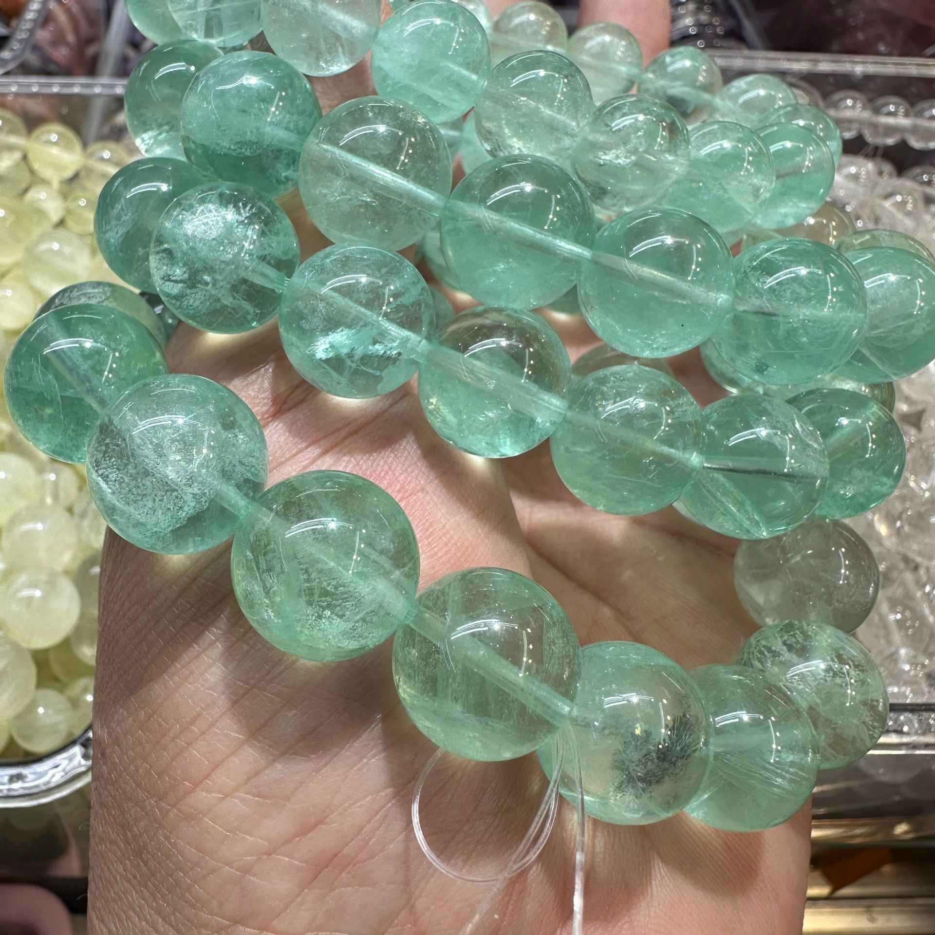 天然薄荷绿萤石手串 彩色莹石圆珠手链 批发直播货源