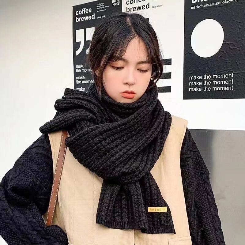 Women's Scarf Autumn and Winter Korean Style Solid Color Knitted Wool Keep Warm Student Cute Couple Internet Celebrity Scarf Men's Versatile