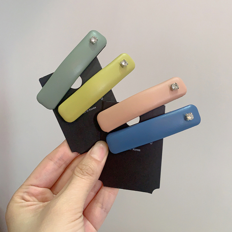 Korean Fashion Simple Temperament One Diamond Colorful Fresh Solid Color PU Leather Narrow Style Break Bang Clip Shredded Hair Side Clip