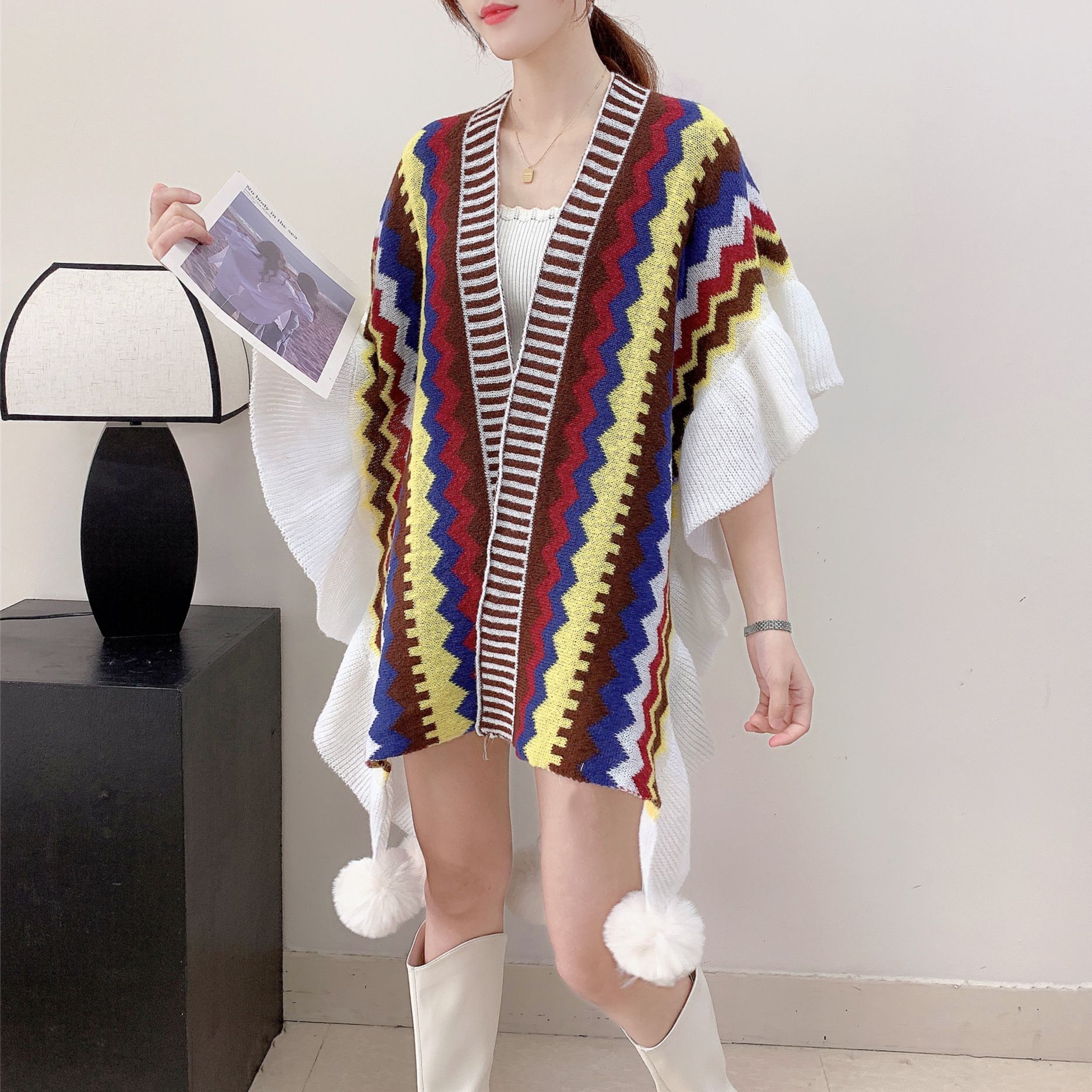 Spring and Autumn Sweet New Split Long Shawl Women's Outer Wear Ruffled Lijiang Women's Clothing Travel Spring Ethnic Style