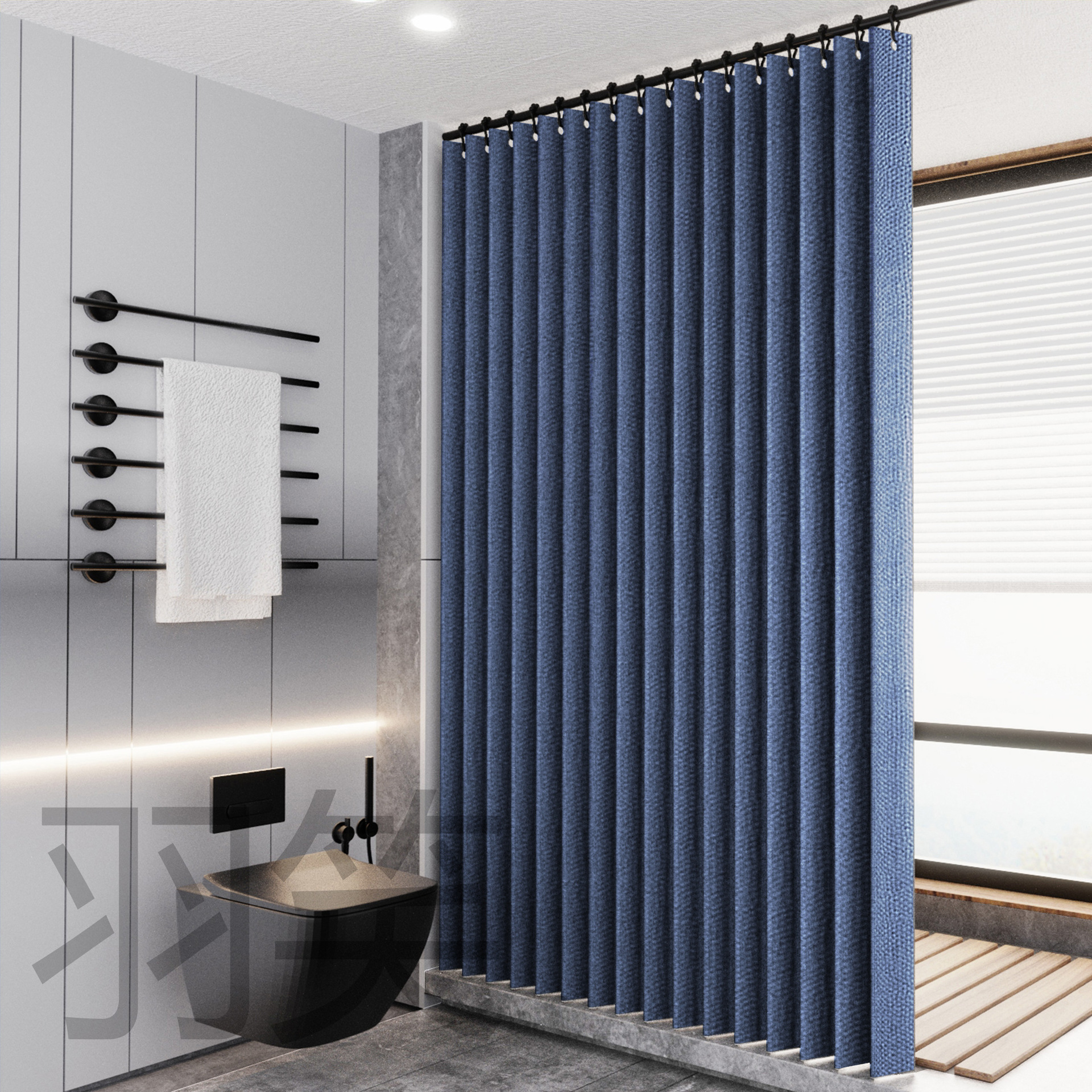 纯色折叠浴帘卫生间隔断帘免打孔防水仿亚麻浴室帘子干湿分离厂家