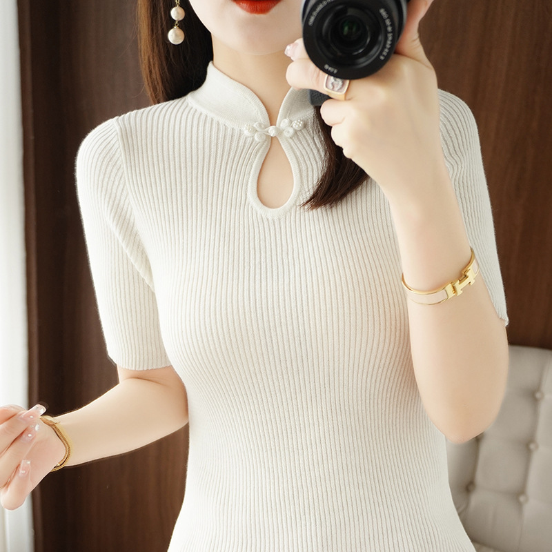 2022气质优雅旗袍领盘扣短袖针织衫女夏新款复古半袖t恤国风上衣