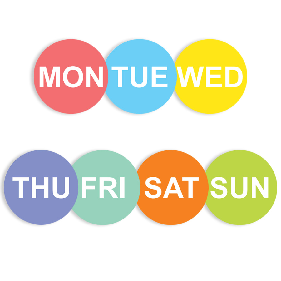 1英寸星期贴纸星期一至星期天英文彩色日期标记不干胶贴纸标签