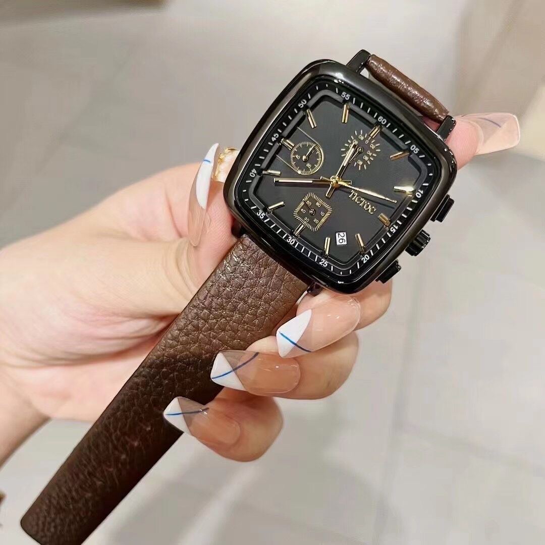 tt方形手表三眼6针带日历防水学生休闲时尚潮流运动女士女表皮带