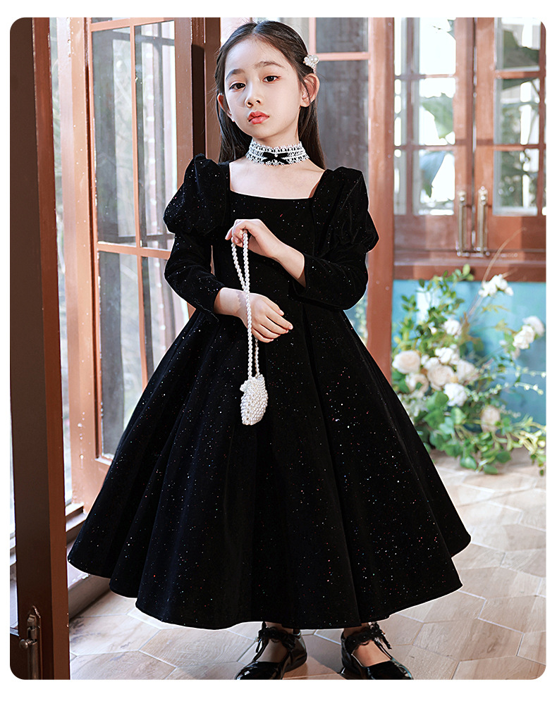黑色儿童礼服女童公主裙花童小女孩主持人走秀儿童钢琴演出服秋冬