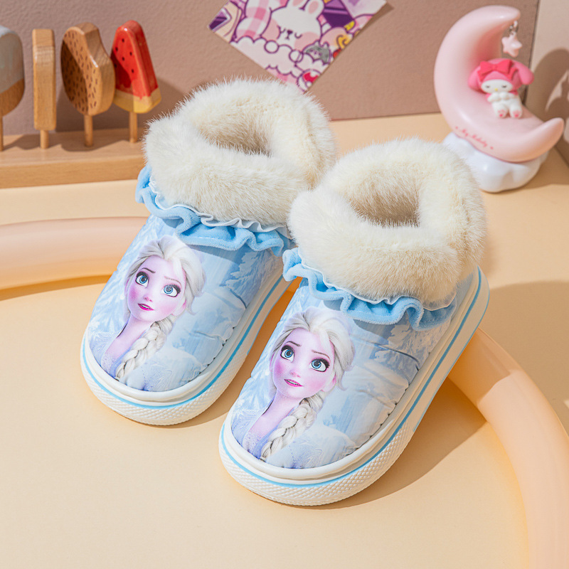 新款艾莎公主冬季儿童包跟棉拖鞋女童保暖防滑冰雪奇缘棉鞋批发