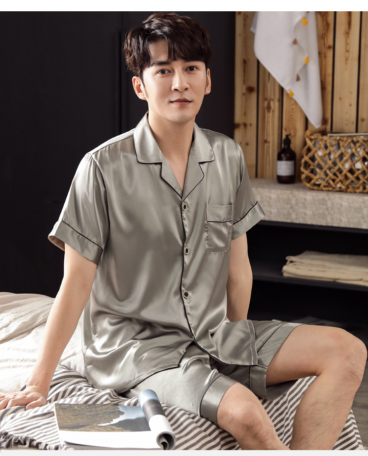 男士冰丝睡衣夏衬衫式短袖短裤薄款纯色简约宽松丝绸家居服套装男