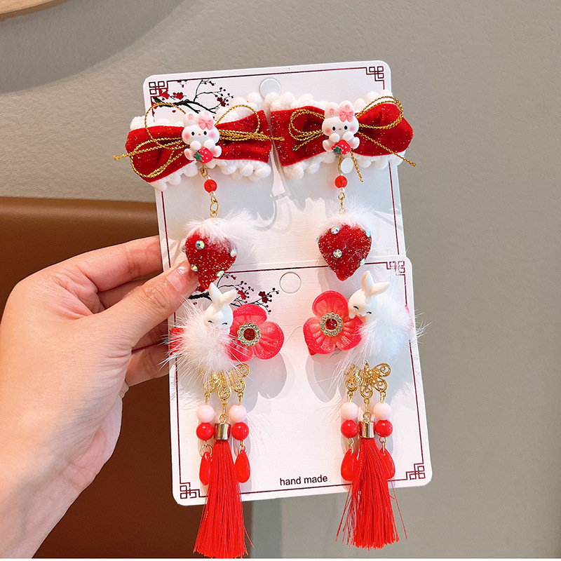 Children's New Year Headdress for Han Chinese Clothing Female Hairpin Chinese Style Baby Red New Year Greeting Head Flower Antique Girl's New Year Hair Accessories