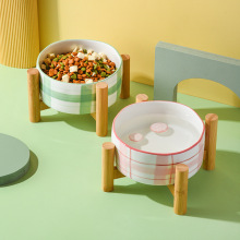 网格子蘑菇陶瓷宠物碗带竹架猫碗狗碗加高保护颈椎双碗水碗猫食盆