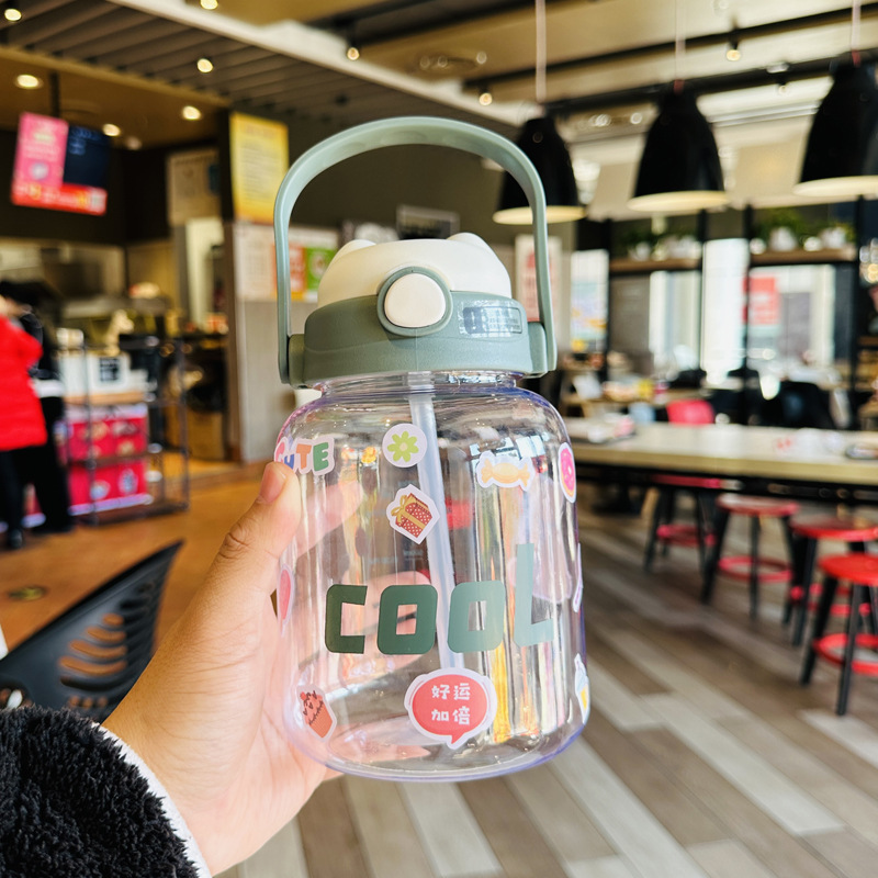 Cute Large Capacity Plastic Cup Girl Good-looking Crossbody Bear Water Cup with Straw Portable Student Outdoor Cup