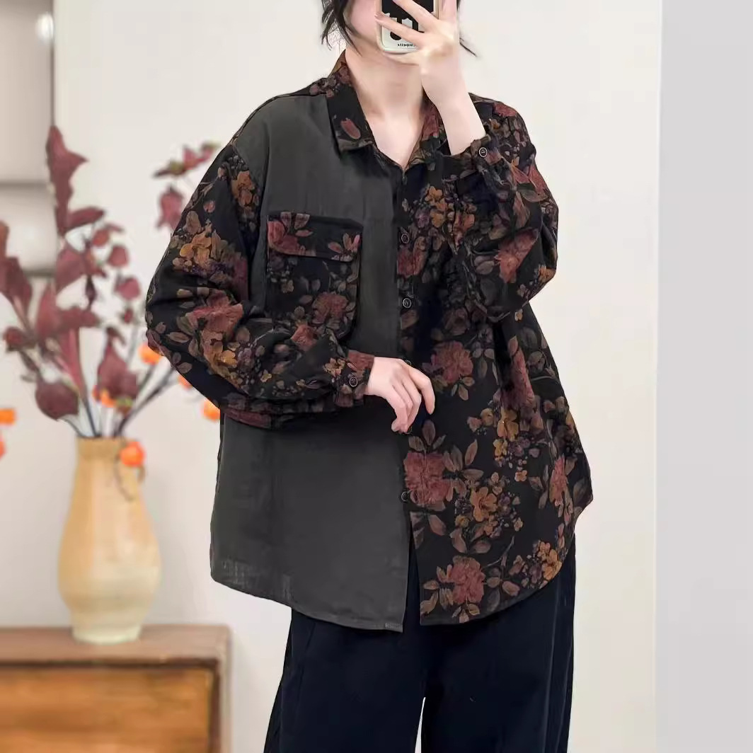 2024新品休闲拼接撞色范复古印花棉麻上衣女式宽松衬衫-阿里巴巴