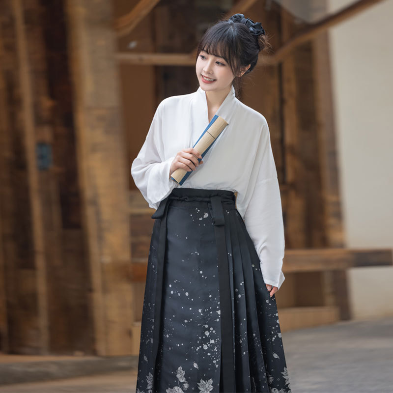 New Adult Hanfu Horse-Face Skirt Small Cropped Daily Commuter Improved Large Size Suit Female Summer Black