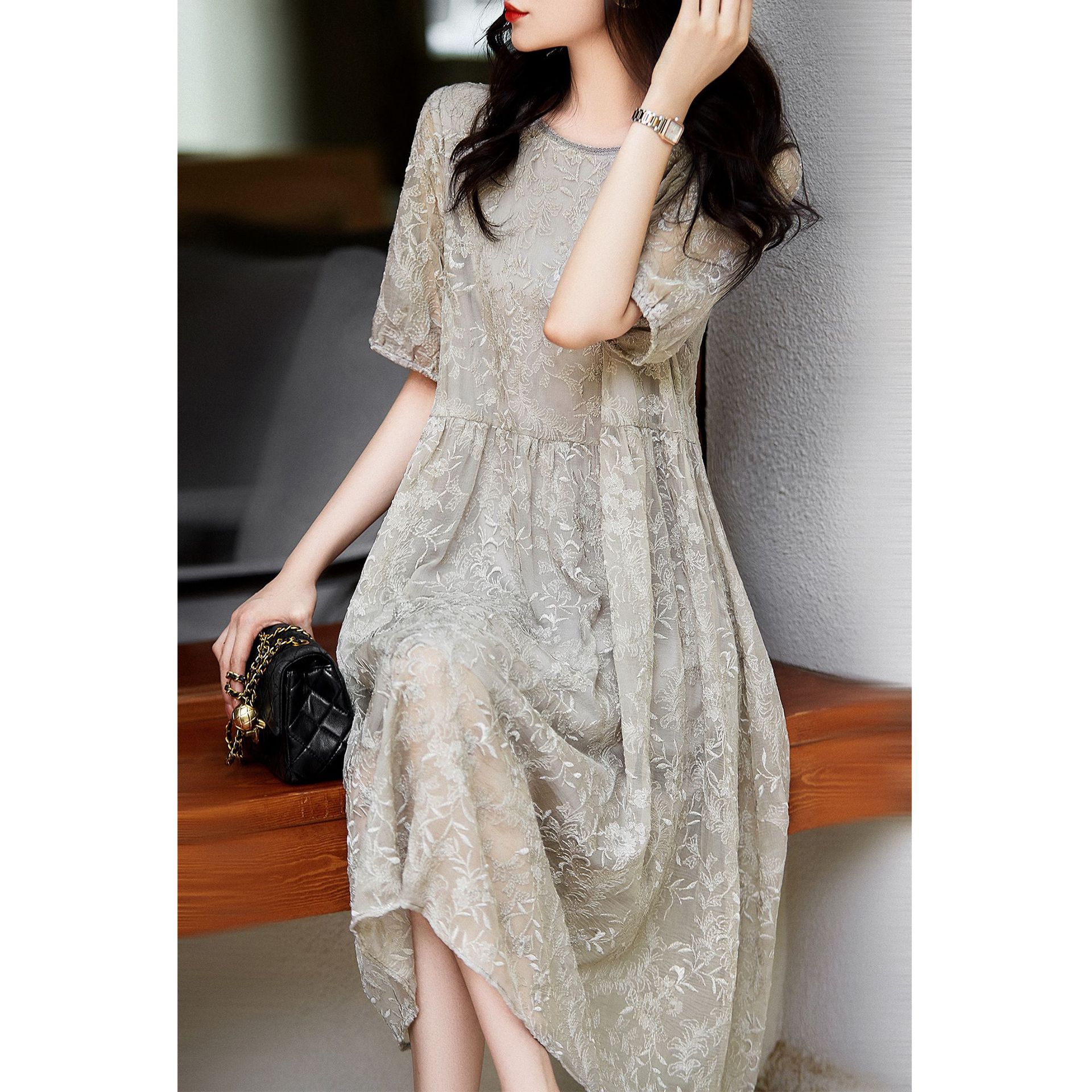 柔软真丝绣花重磅桑蚕丝连衣裙高端蕾丝2023女装新款夏季长款裙子