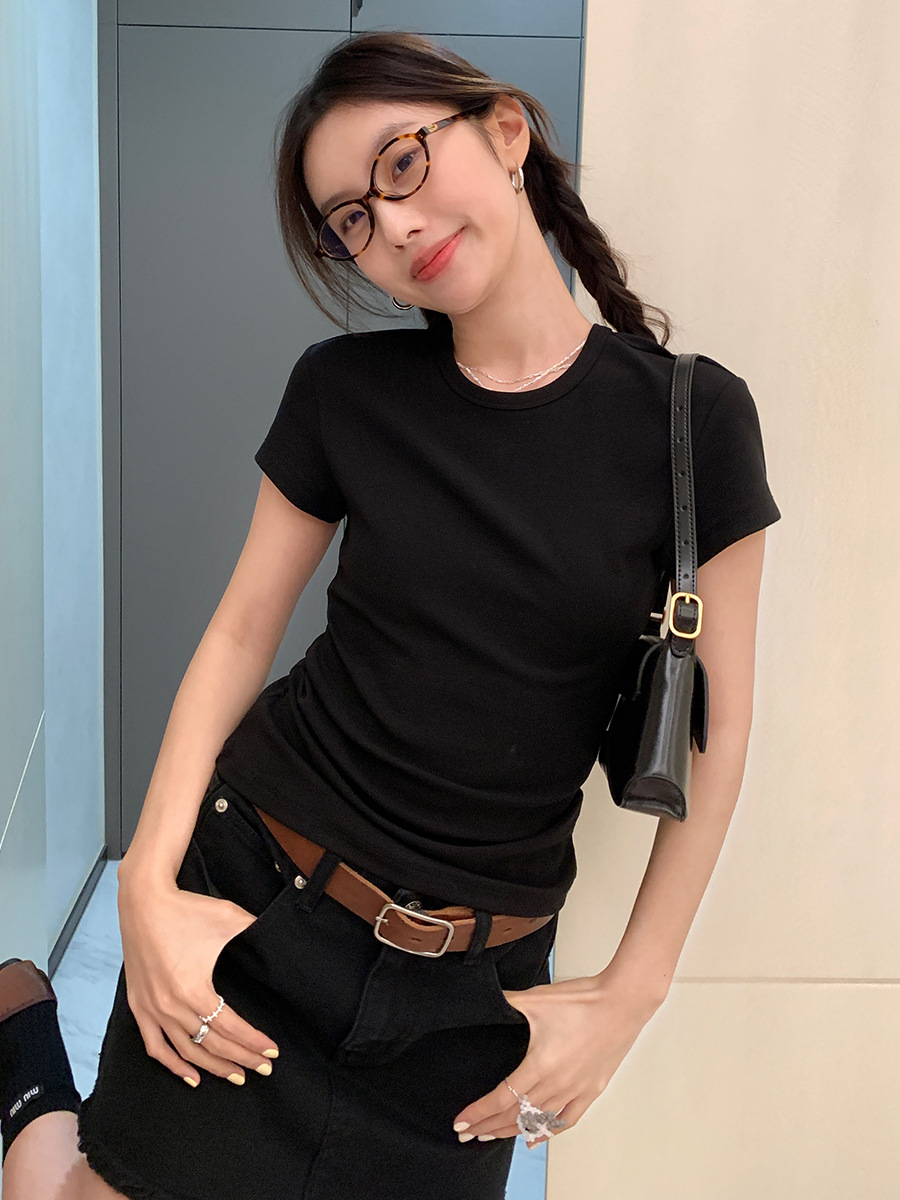 Nantao round Neck Short-Sleeved T-shirt for Women 2024 Spring and Summer Design Sense Slim Fit Inner Wear Casual Slimming Small Flounced Sleeve Top